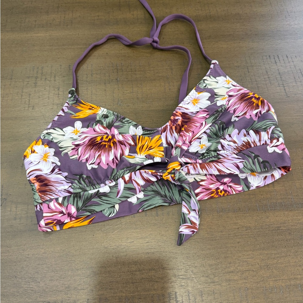 Kona Sol Purple Floral Bikini Top with Tie Front L